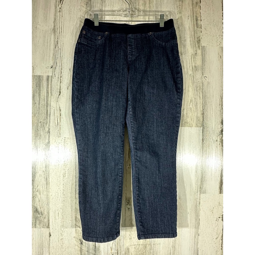 Chicos Platinum Pull On Denim Crop Pants Size 1 (28x24) Elastic Waist Dark Wash